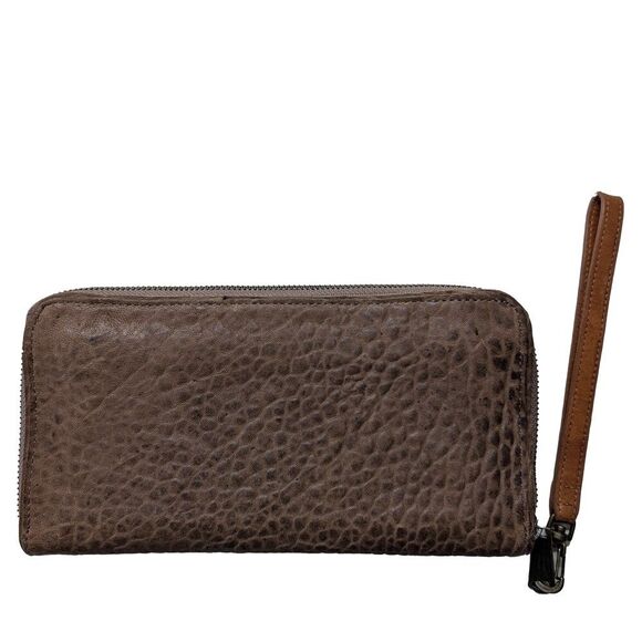 Will Leather Goods Zip Around Large Bifold Clutch Wallet Wristlet Brown - Picture 2 of 8